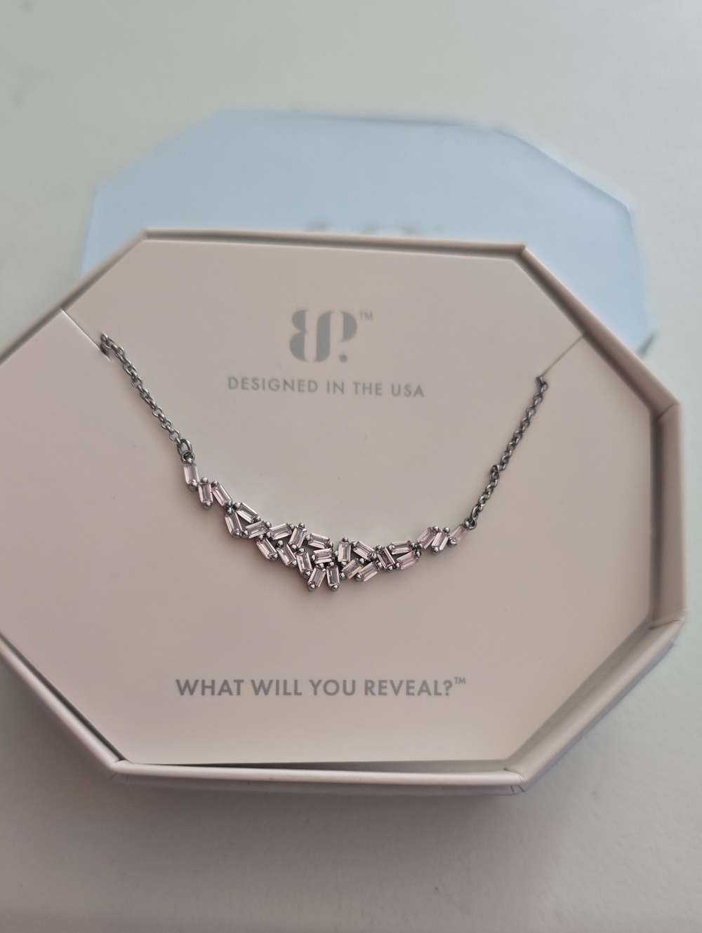 bp Silver Necklace with Light Pink Baguette Accents